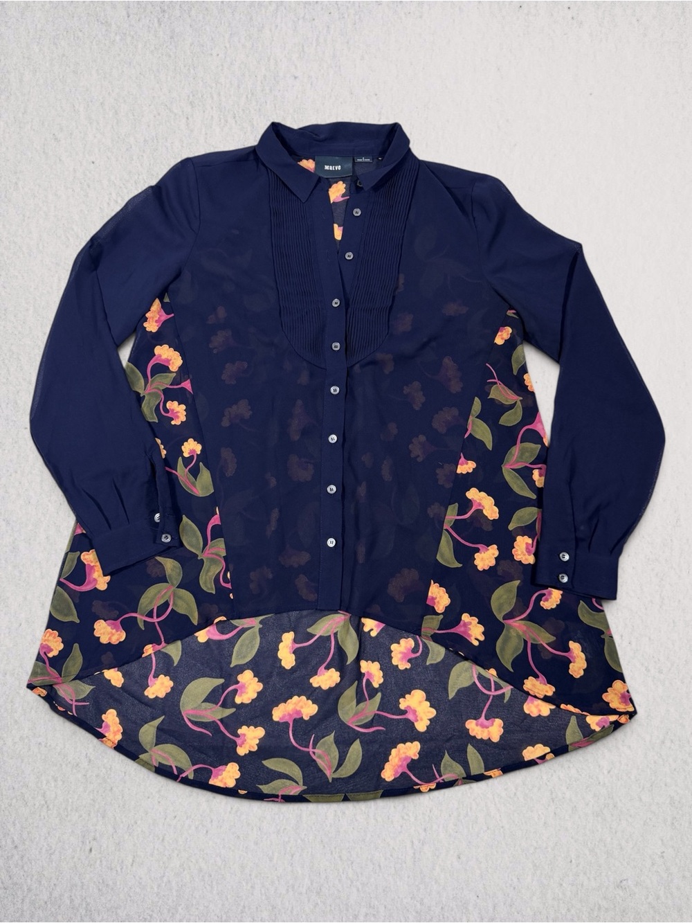 Maeve Women’s Floral Hem Navy Button-Up Blouse